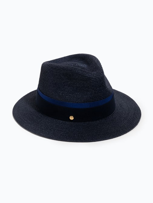 Chapeau été Mademoiselle Chapeaux - Fédora Tom - Collection panams style - Paille et soie Bleu marine