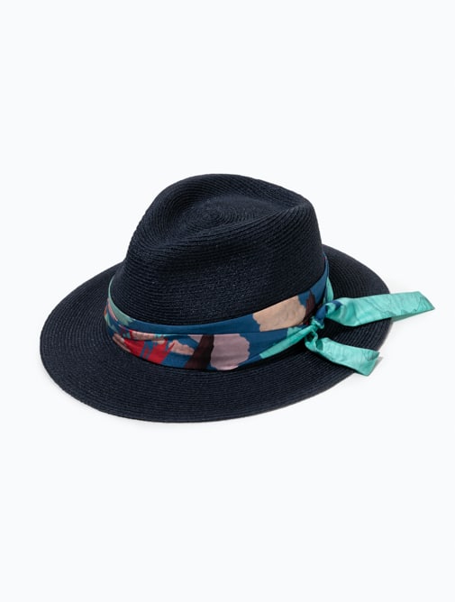 Chapeau été Mademoiselle Chapeaux - Fédora Tom - Collection volcan - Paille et soie bleu marine