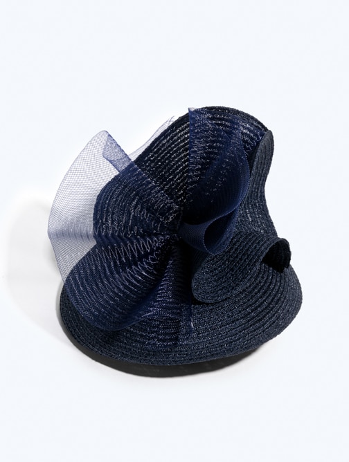Chapeau bibi cérémonie - Fleur - Mademoiselle - paille et crin - bleu marine